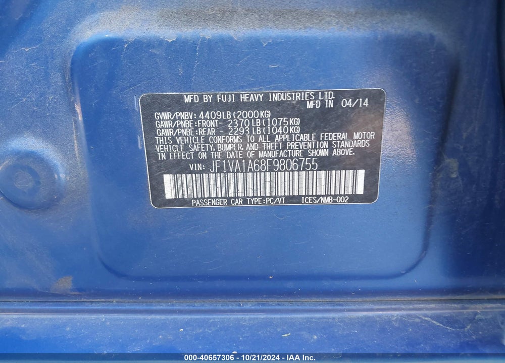 2015 SUBARU WRX VIN: JF1VA1A68F9806755