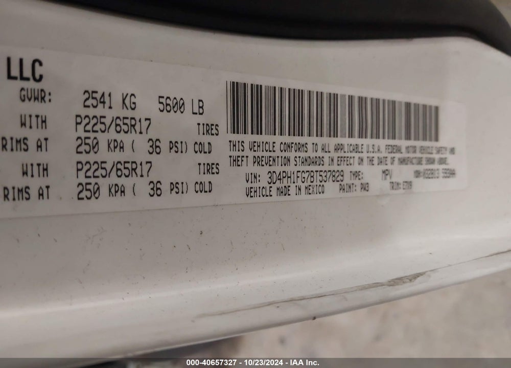 2011 DODGE JOURNEY MAINSTREET VIN: 3D4PH1FG7BT537829