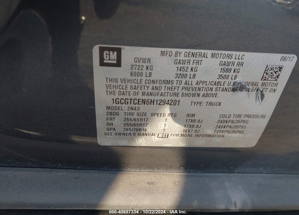 2017 CHEVROLET COLORADO LT VIN: 1GCGTCEN6H1294201