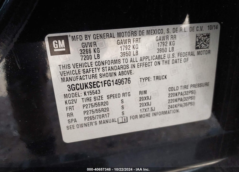 2015 CHEVROLET SILVERADO 1500 1LZ VIN: 3GCUKSEC1FG149676
