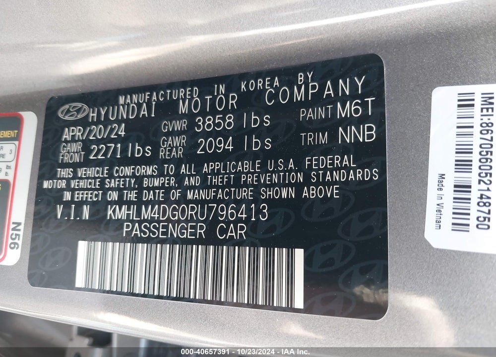 2024 HYUNDAI ELANTRA SEL VIN: KMHLM4DG0RU796413