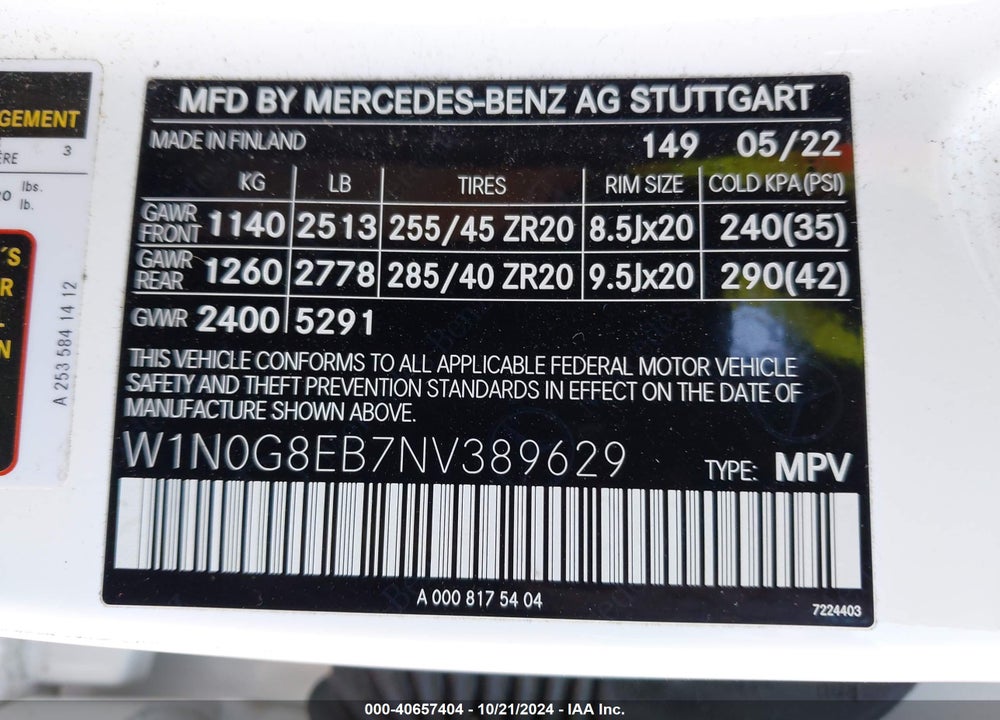 2022 MERCEDES-BENZ GLC 300 4MATIC SUV VIN: W1N0G8EB7NV389629