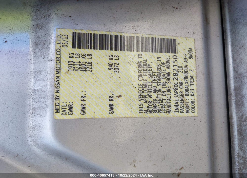2013 NISSAN ALTIMA 2.5 SL VIN: 1N4AL3AP8DC282150