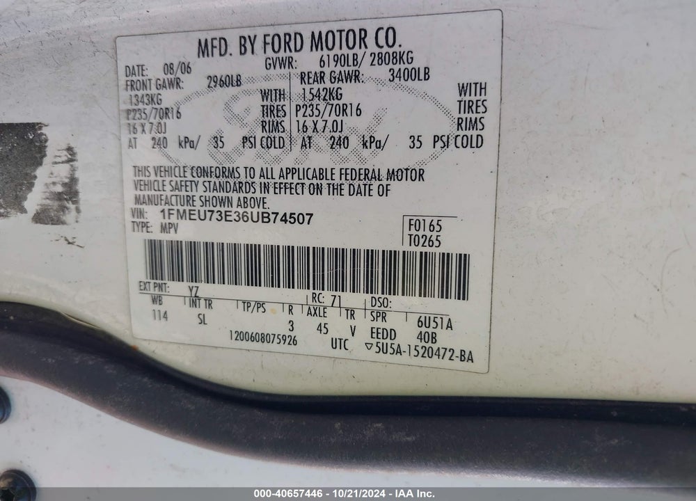 2006 FORD EXPLORER XLT VIN: 1FMEU73E36UB74507