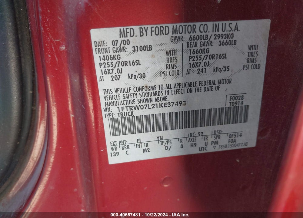 2001 FORD F-150 VIN: 1FTRW07L21KE37493