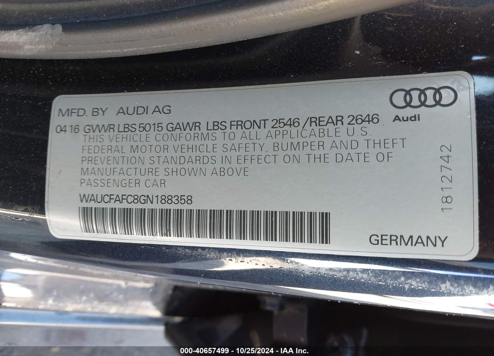 2016 AUDI A6 2.0T PREMIUM VIN: WAUCFAFC8GN188358