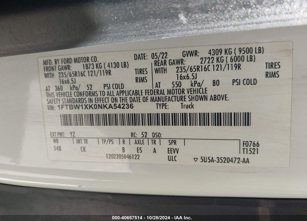 2022 FORD E-TRANSIT-350 CARGO VAN VIN: 1FTBW1XK0NKA54236