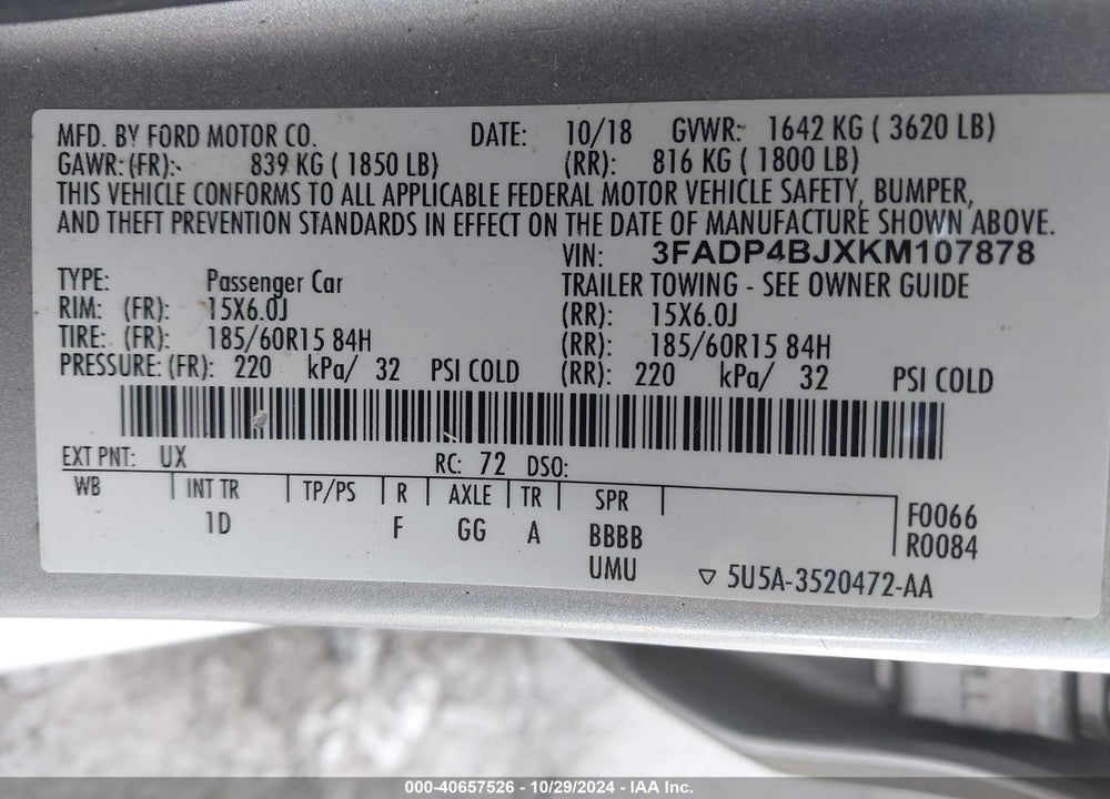 2019 FORD FIESTA SE VIN: 3FADP4BJXKM107878
