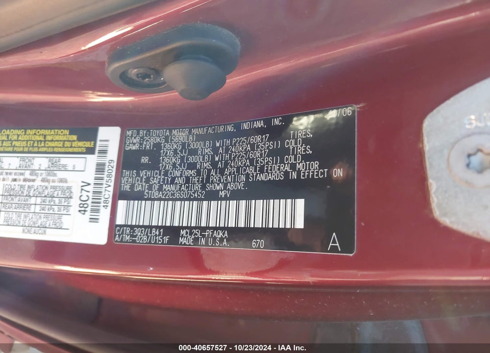 2006 TOYOTA SIENNA XLE LIMITED VIN: 5TDBA22C36S075452