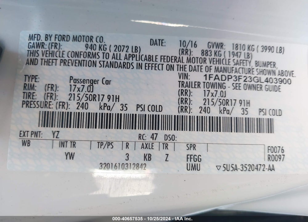 2016 FORD FOCUS SE VIN: 1FADP3F23GL403900