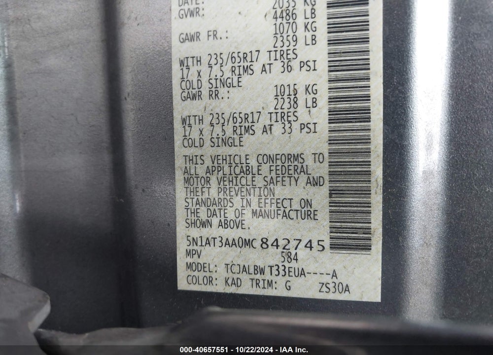 2021 NISSAN ROGUE S FWD VIN: 5N1AT3AA0MC842745