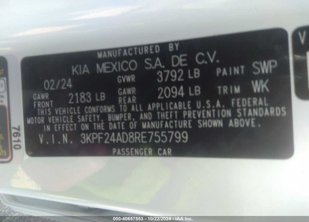 2024 KIA FORTE LXS VIN: 3KPF24AD8RE755799
