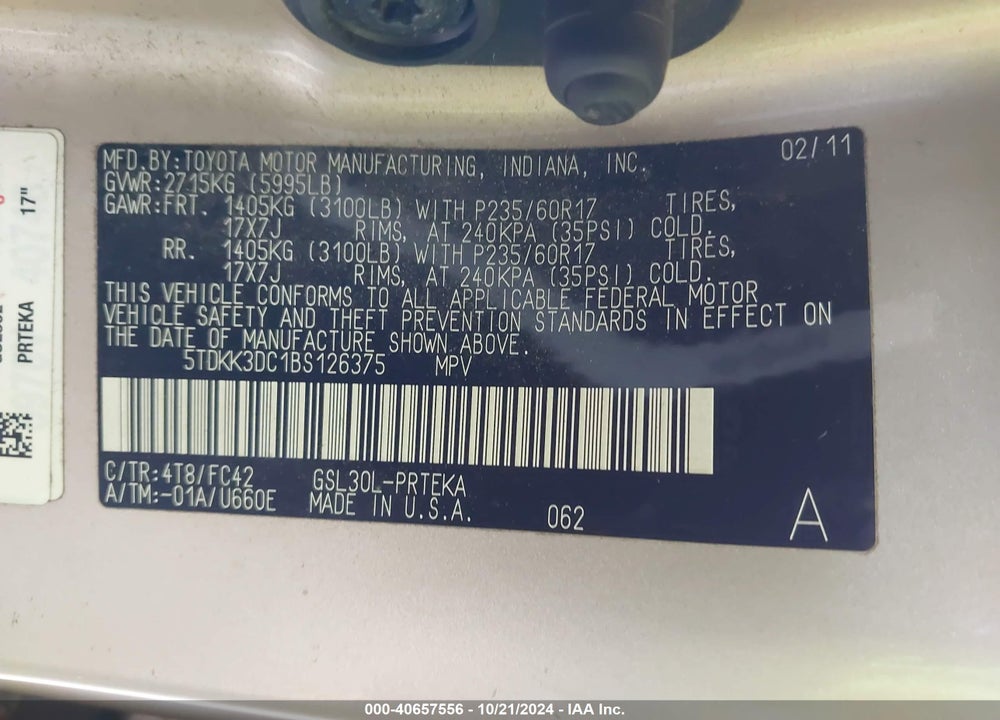 2011 TOYOTA SIENNA LE V6 VIN: 5TDKK3DC1BS126375