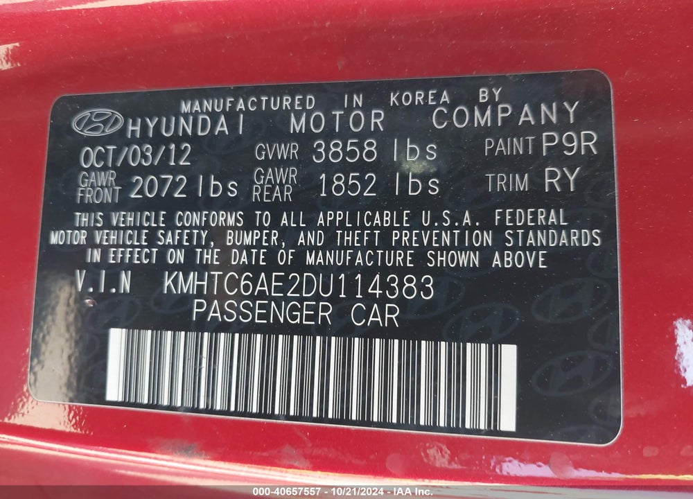 2013 HYUNDAI VELOSTER TURBO W/BLACK VIN: KMHTC6AE2DU114383