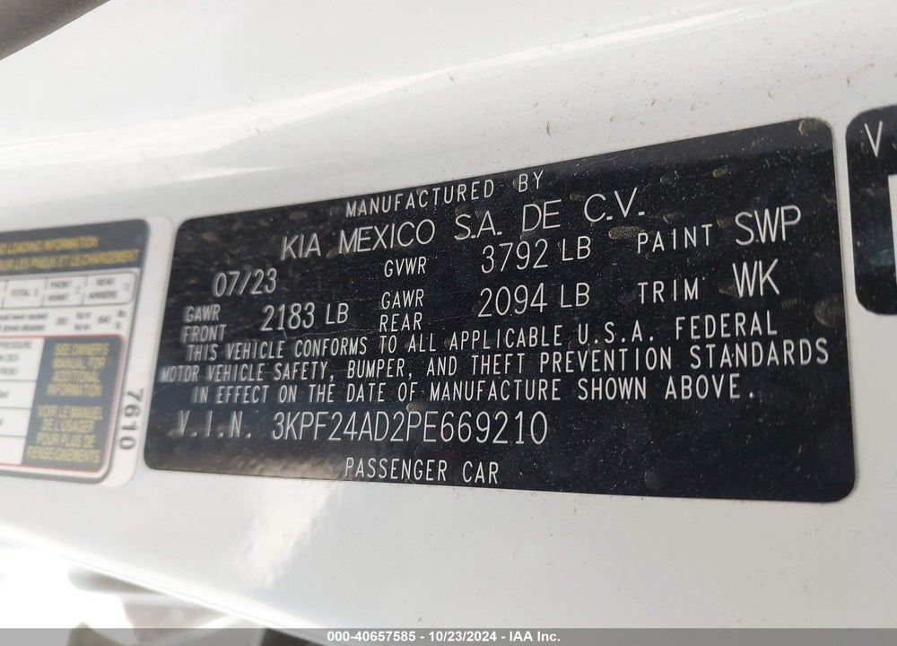 2023 KIA FORTE LXS VIN: 3KPF24AD2PE669210