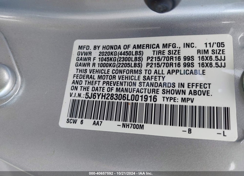 2006 HONDA ELEMENT LX VIN: 5J6YH28306L001916