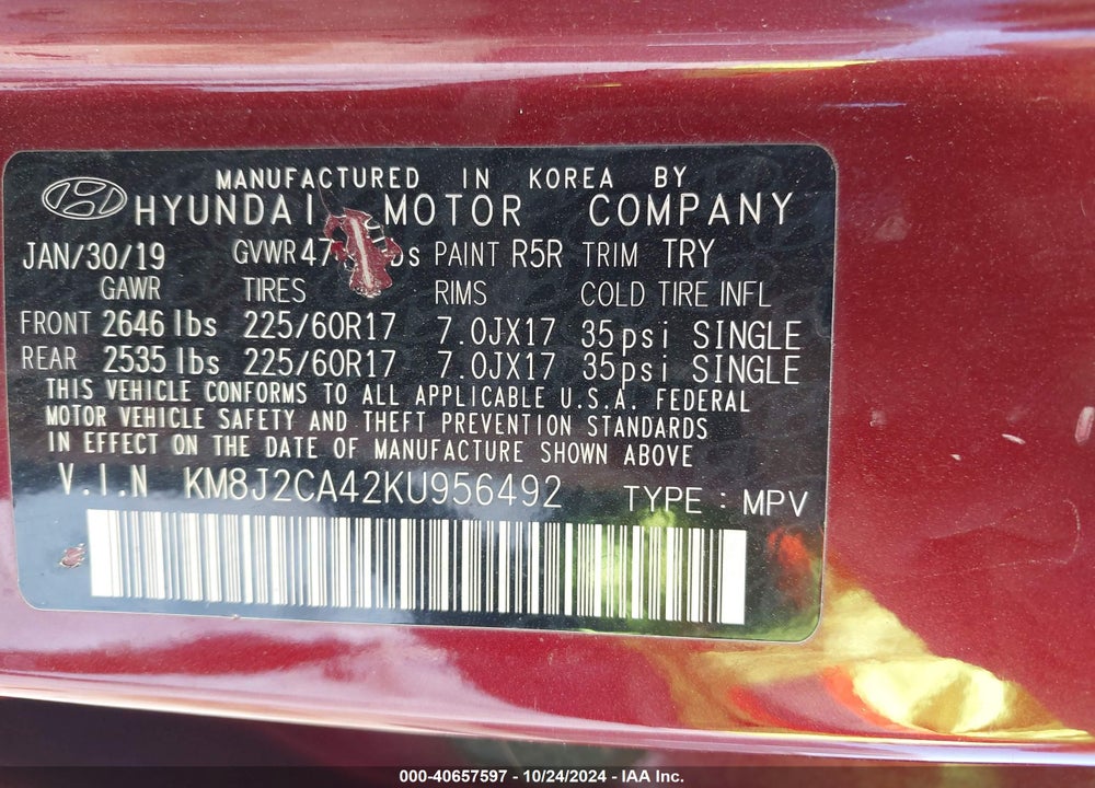 2019 HYUNDAI TUCSON SE VIN: KM8J2CA42KU956492