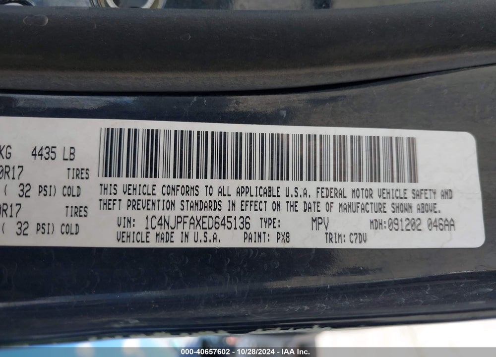 2014 JEEP PATRIOT LATITUDE VIN: 1C4NJPFAXED645136