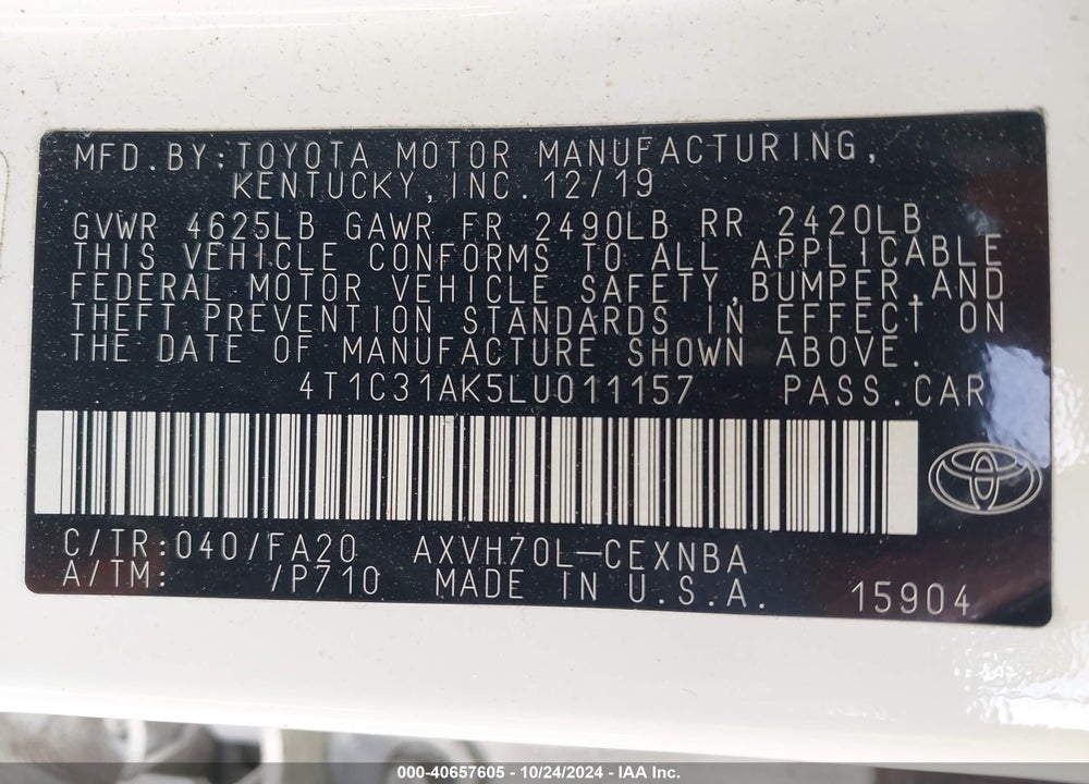 2020 TOYOTA CAMRY LE HYBRID VIN: 4T1C31AK5LU011157