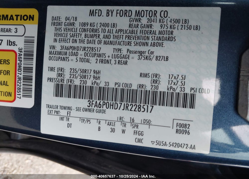 2018 FORD FUSION SE VIN: 3FA6P0HD7JR228517
