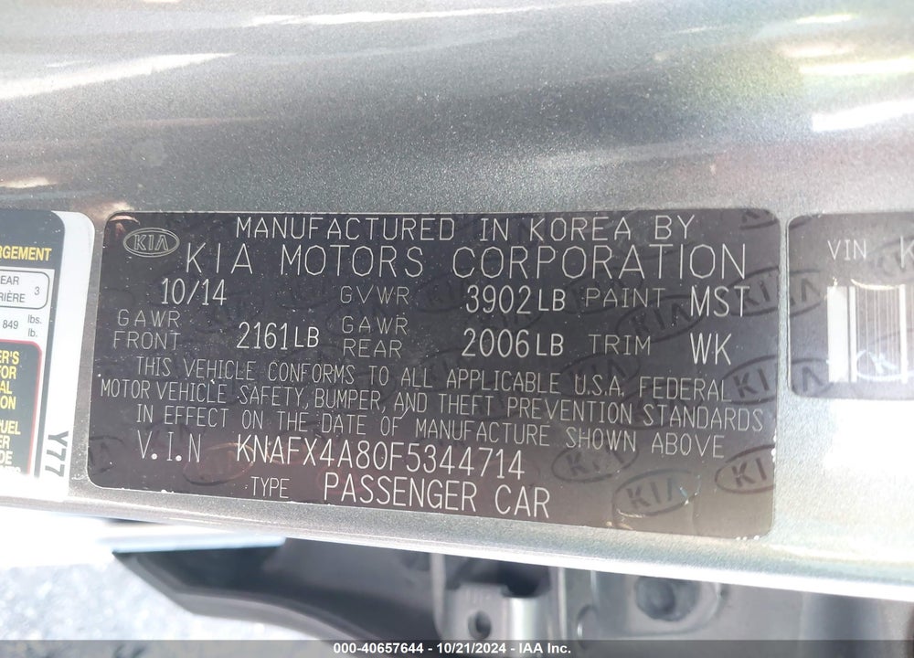2015 KIA FORTE EX VIN: KNAFX4A80F5344714