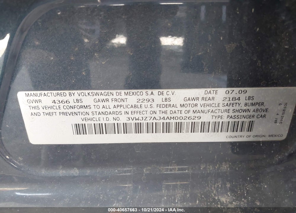 2010 VOLKSWAGEN JETTA S VIN: 3VWJZ7AJ4AM002629