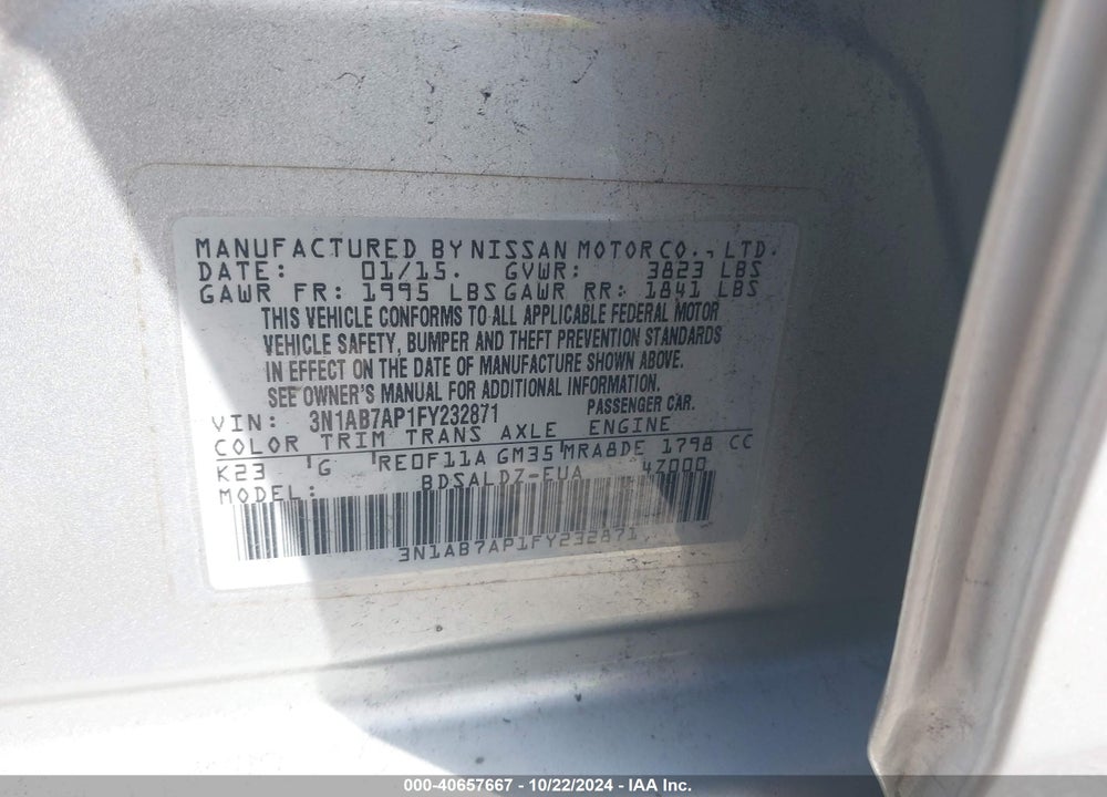 2015 NISSAN SENTRA SV VIN: 3N1AB7AP1FY232871