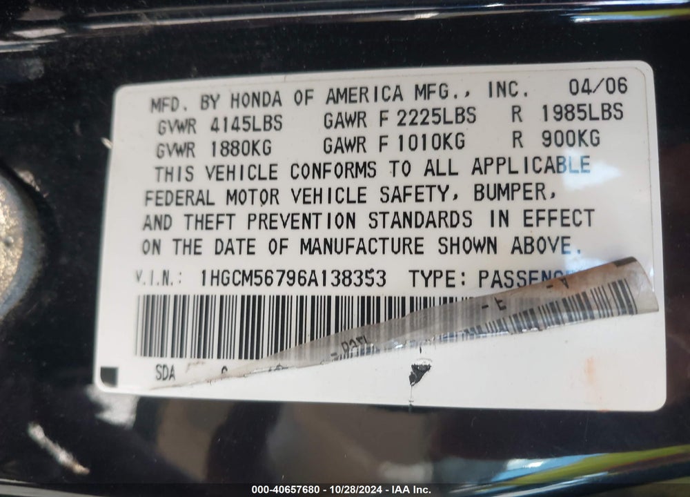 2006 HONDA ACCORD 2.4 EX VIN: 1HGCM56796A138353