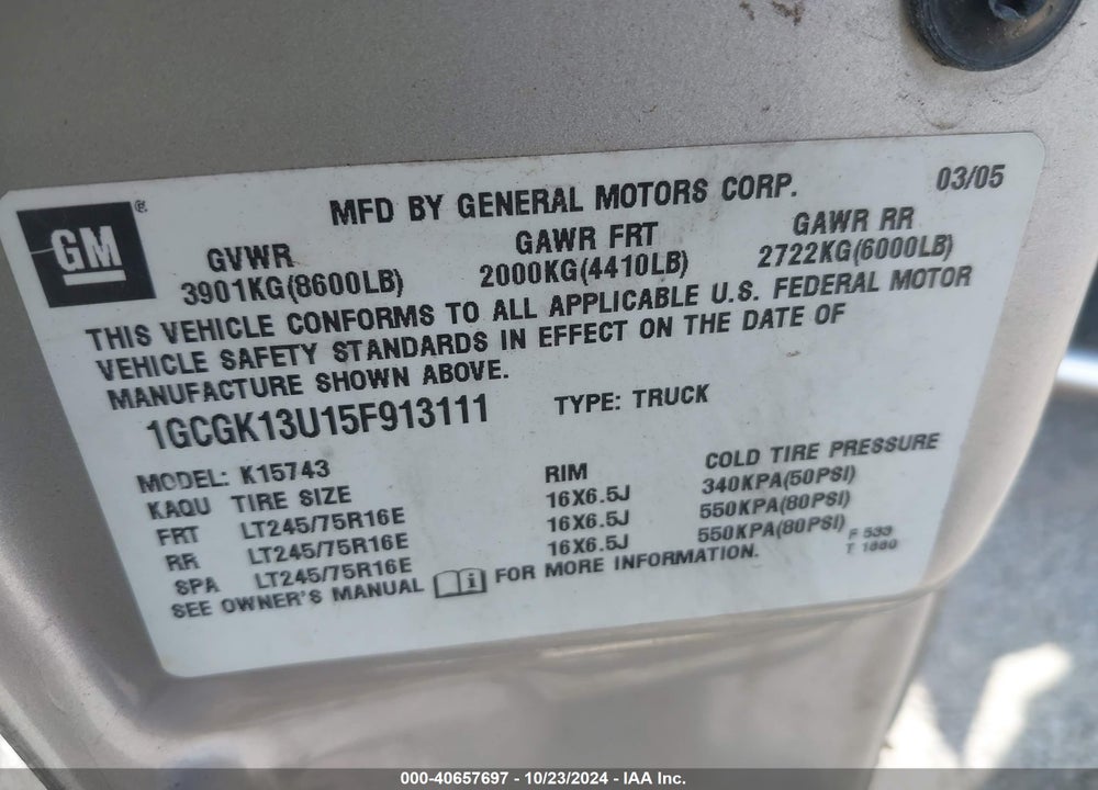 2005 CHEVROLET SILVERADO 1500HD LS VIN: 1GCGK13U15F913111