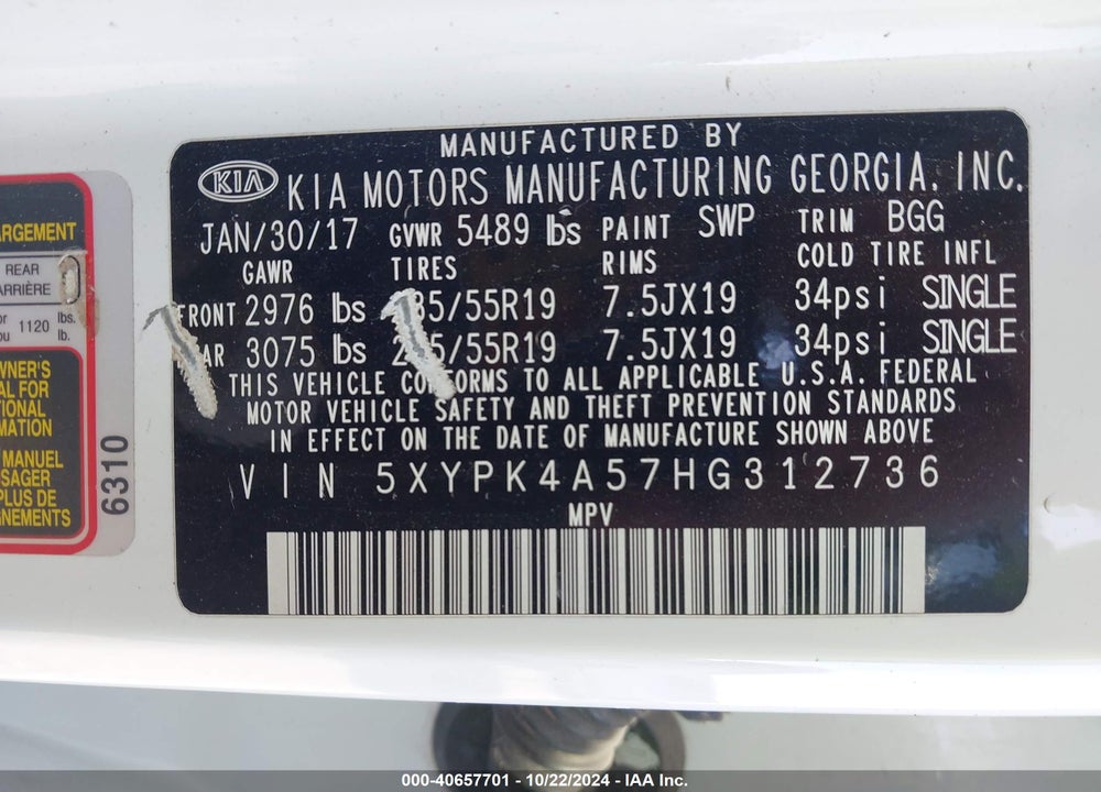 2017 KIA SORENTO 3.3L SX VIN: 5XYPK4A57HG312736