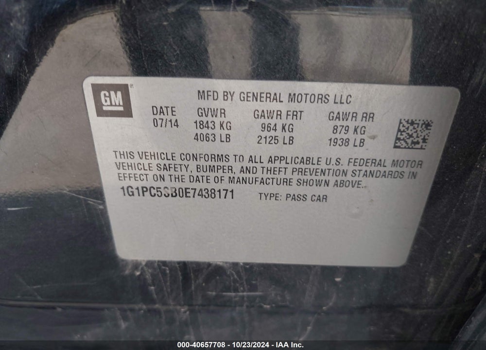 2014 CHEVROLET CRUZE 1LT AUTO VIN: 1G1PC5SB0E7438171