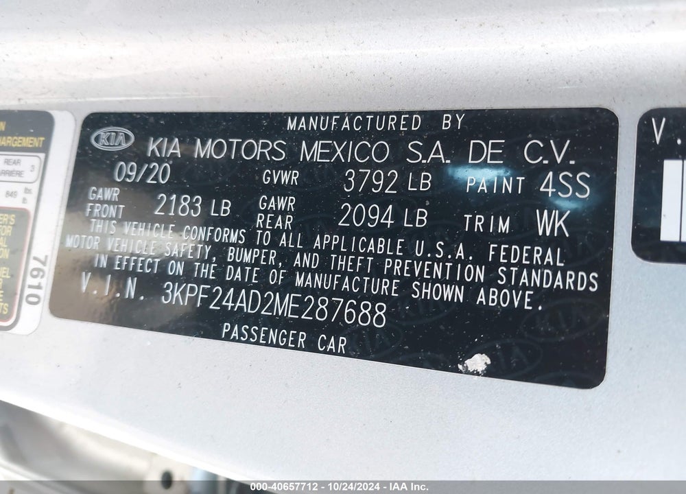 2021 KIA FORTE LXS VIN: 3KPF24AD2ME287688