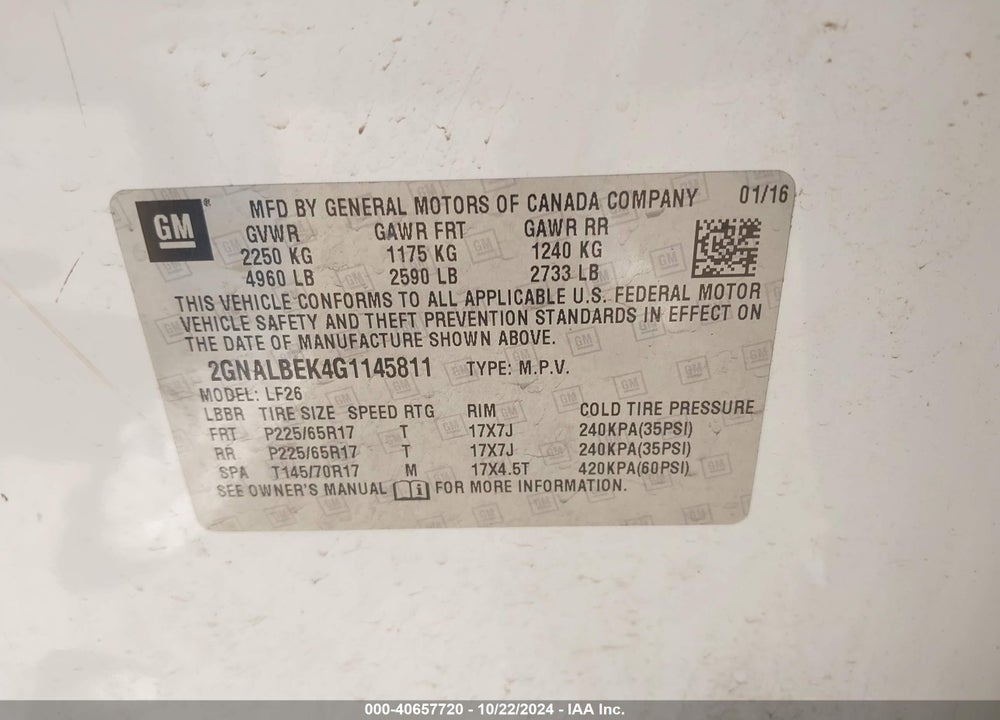 2016 CHEVROLET EQUINOX L VIN: 2GNALBEK4G1145811