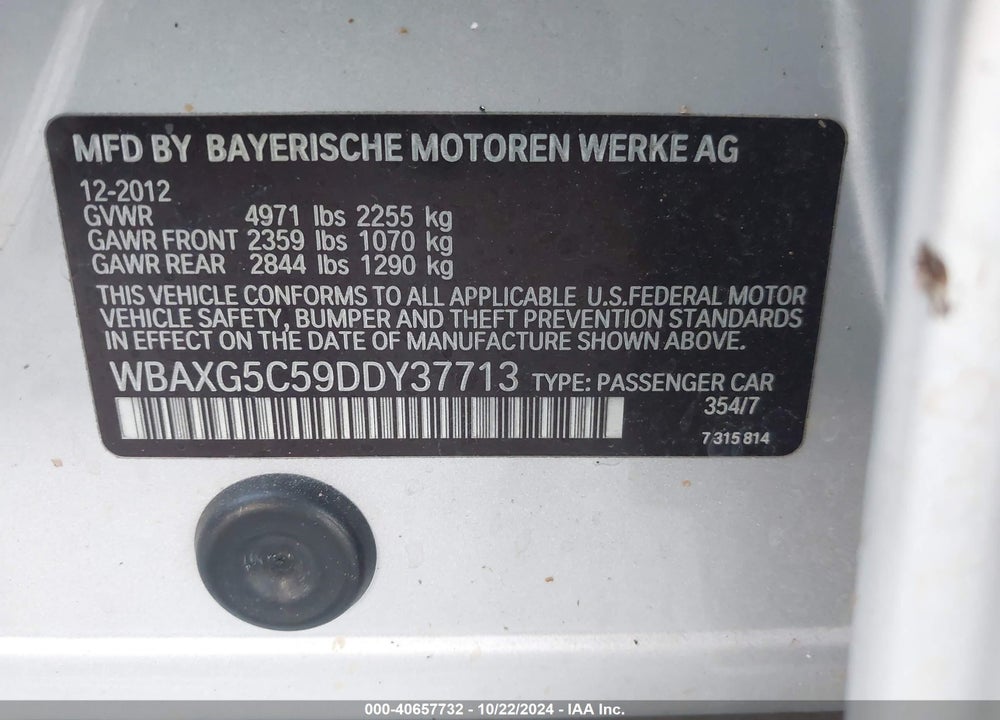2013 BMW 528I VIN: WBAXG5C59DDY37713