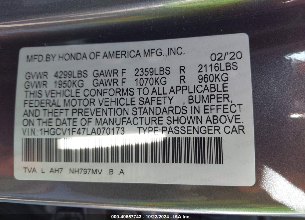 2020 HONDA ACCORD EX VIN: 1HGCV1F47LA070173