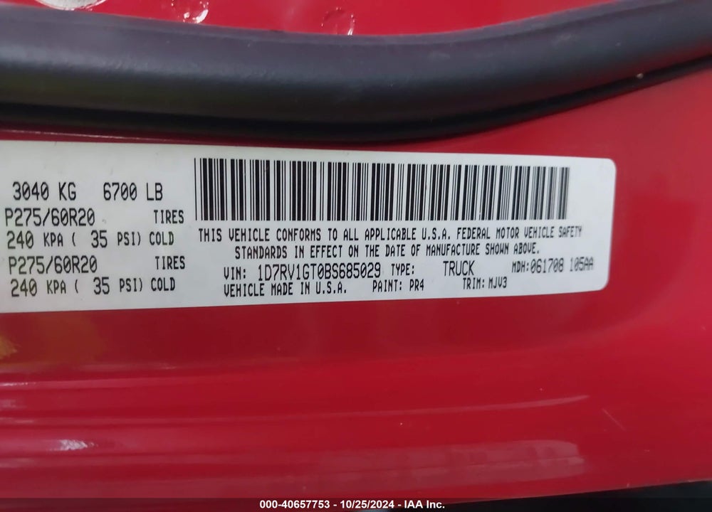 2011 RAM 1500 SLT VIN: 1D7RV1GT0BS685029