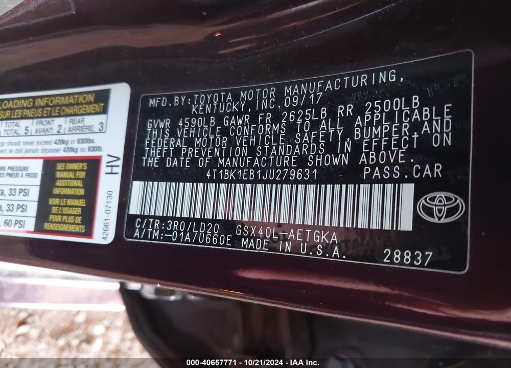 2018 TOYOTA AVALON XLE VIN: 4T1BK1EB1JU279631