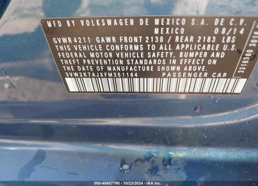 2015 VOLKSWAGEN JETTA 2.0L S VIN: 3VW2K7AJXFM351164