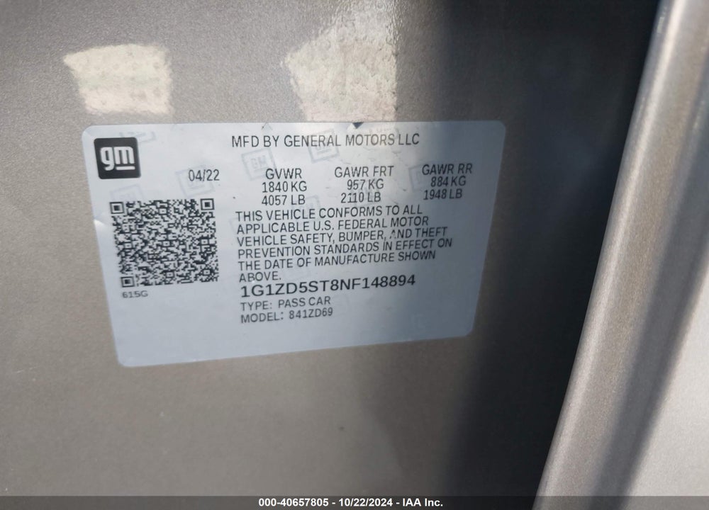 2022 CHEVROLET MALIBU VIN: 1G1ZD5ST8NF148894