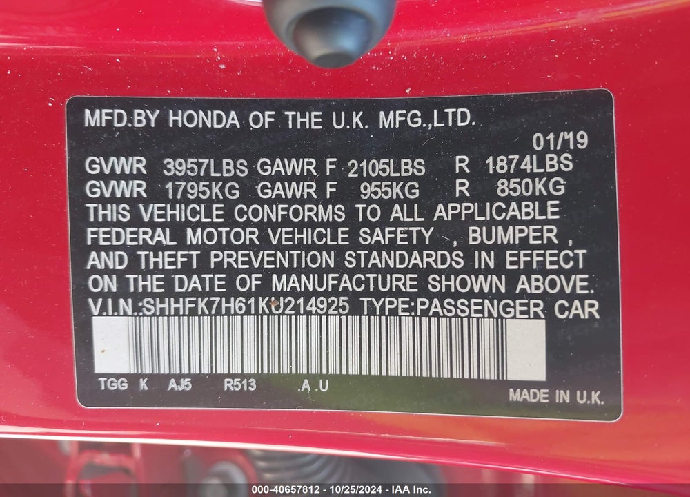 2019 HONDA CIVIC EX VIN: SHHFK7H61KU214925