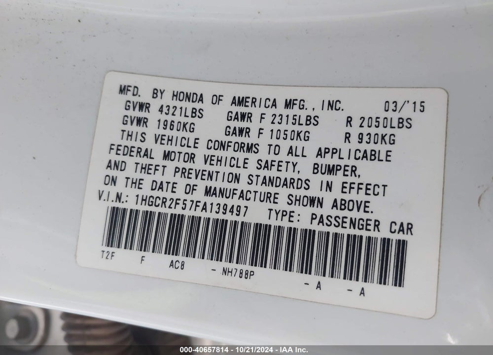2015 HONDA ACCORD SPORT VIN: 1HGCR2F57FA139497