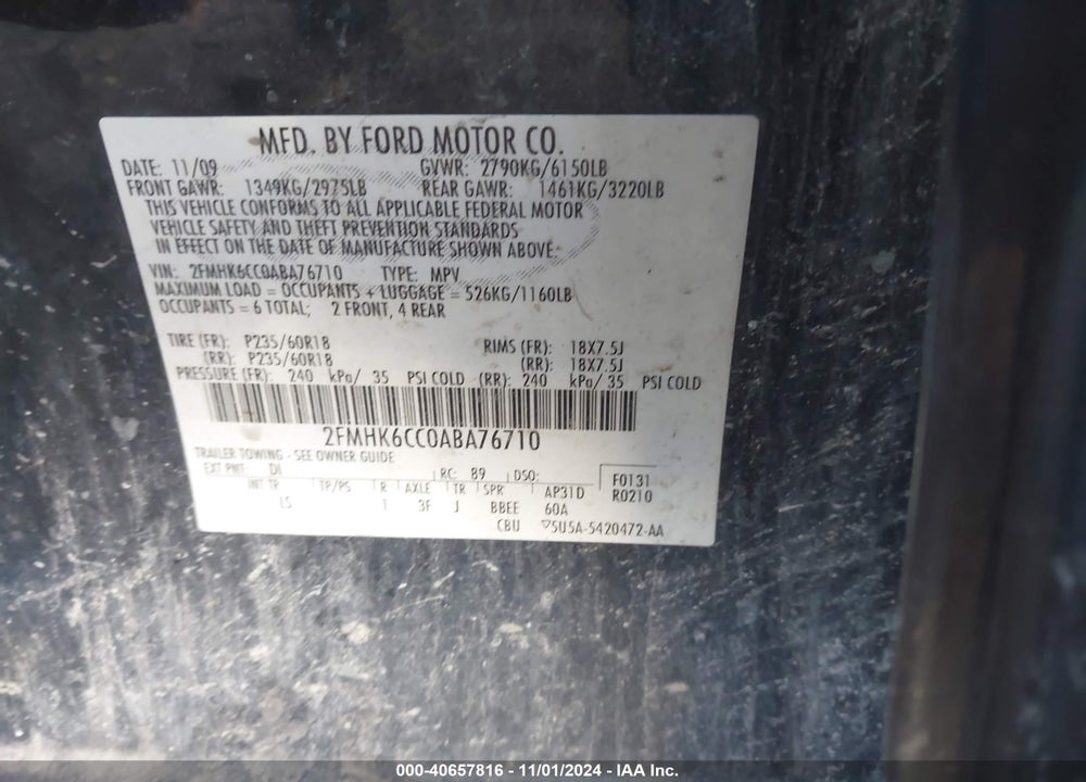 2010 FORD FLEX SEL VIN: 2FMHK6CC0ABA76710