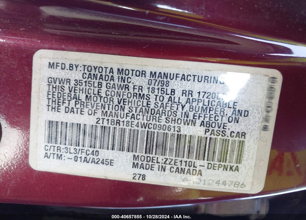 1998 TOYOTA COROLLA LE VIN: 2T1BR18E4WC090613