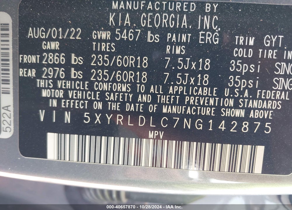 2022 KIA SORENTO X-LINE S VIN: 5XYRLDLC7NG142875