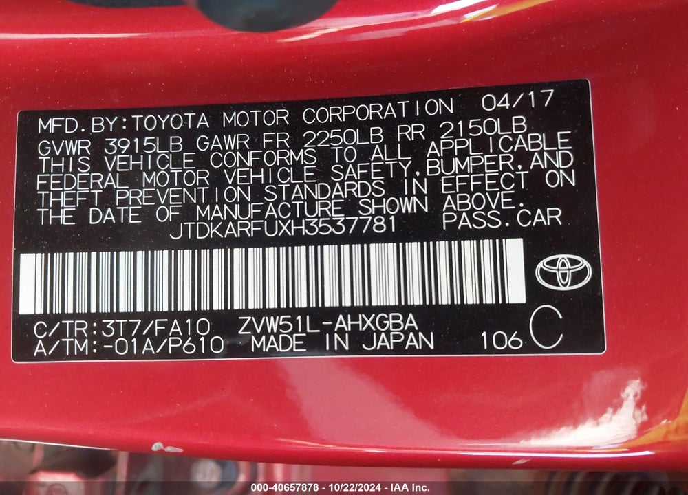 2017 TOYOTA PRIUS THREE VIN: JTDKARFUXH3537781