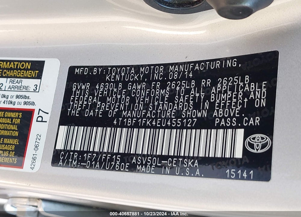2014 TOYOTA CAMRY SE VIN: 4T1BF1FK4EU455127