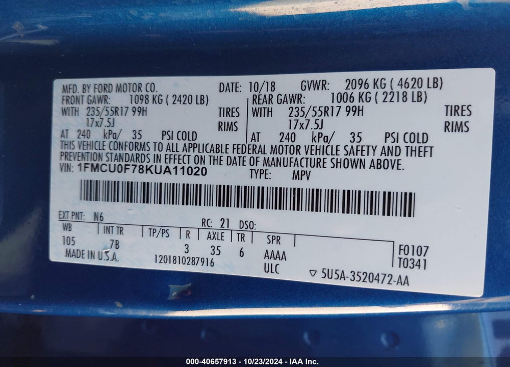 2019 FORD ESCAPE S VIN: 1FMCU0F78KUA11020