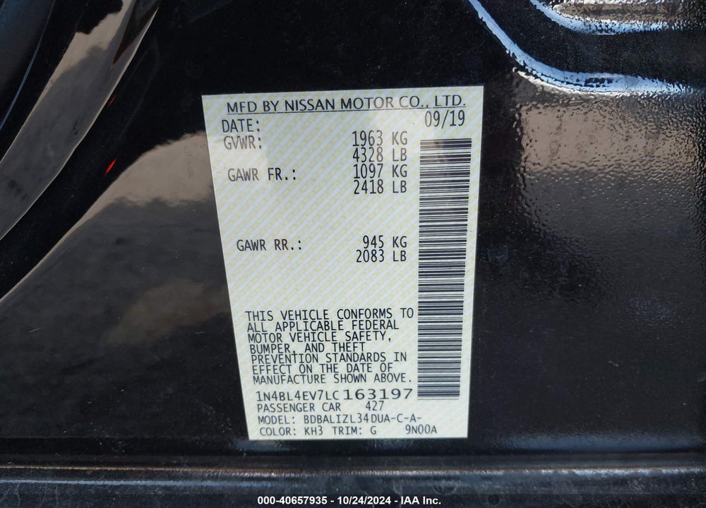 2020 NISSAN ALTIMA SL FWD VIN: 1N4BL4EV7LC163197