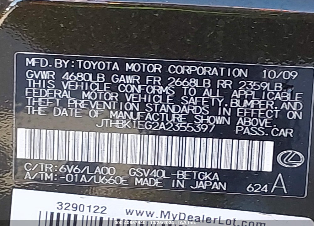 2010 LEXUS ES 350 VIN: JTHBK1EG2A2355397