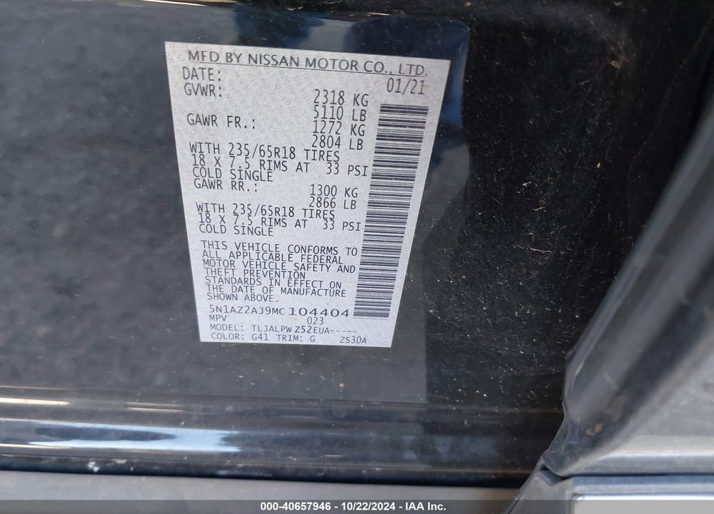 2021 NISSAN MURANO S FWD VIN: 5N1AZ2AJ9MC104404